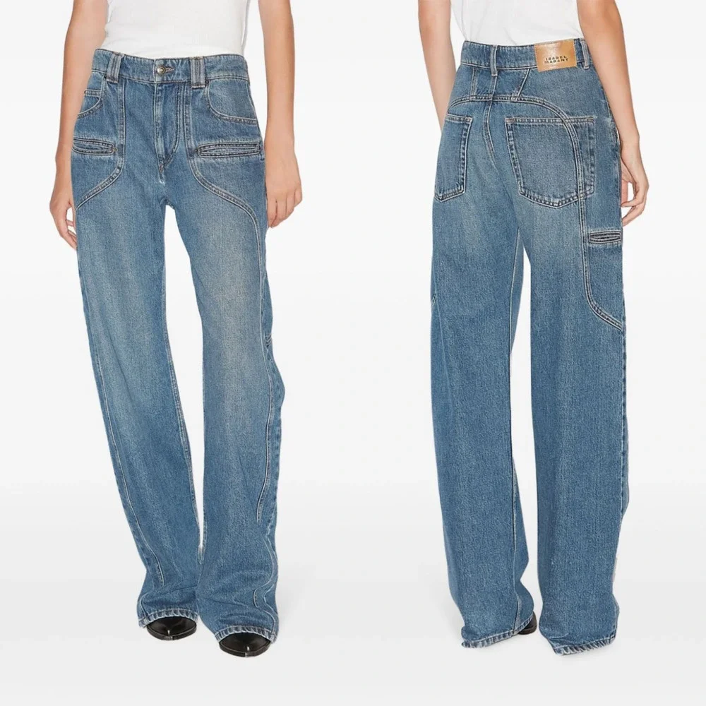 $695 ISABEL MARANT BETIANE JEANS size 40 Wide Leg Zip Fly Unique Stitching Logo - Picture 4 of 11